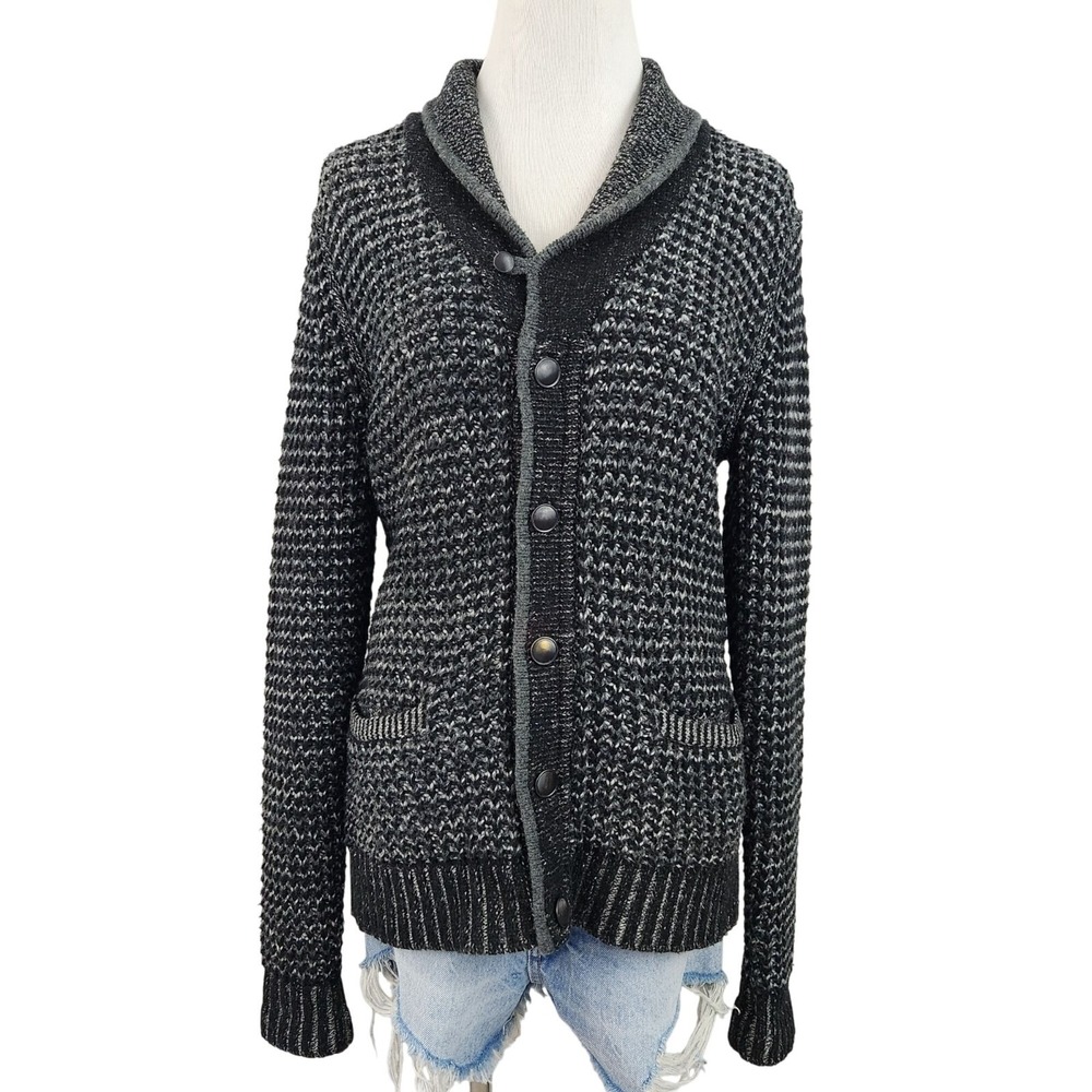 Rag & Bone Cardigan Men Small Black Gray Wool Blend Shawl Collar Knit Button Up